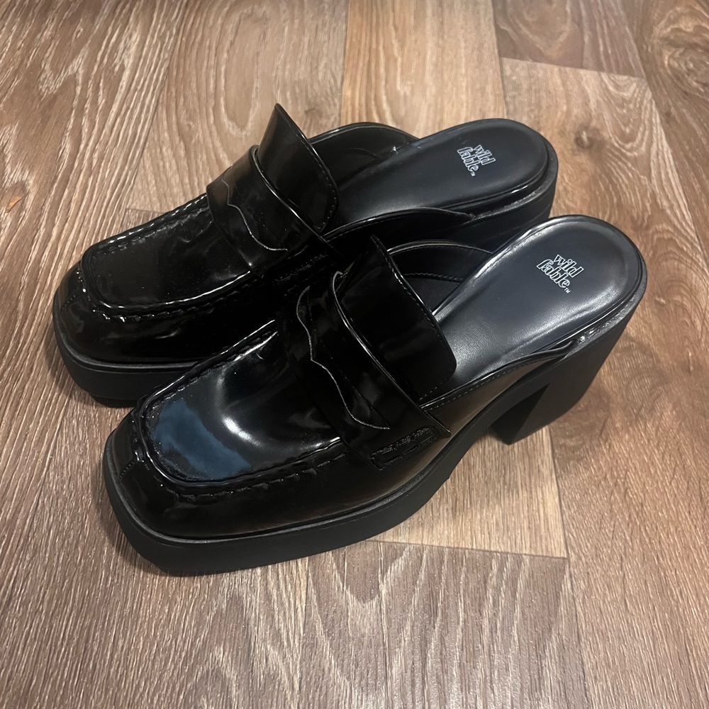 Black patent leather penny loafers